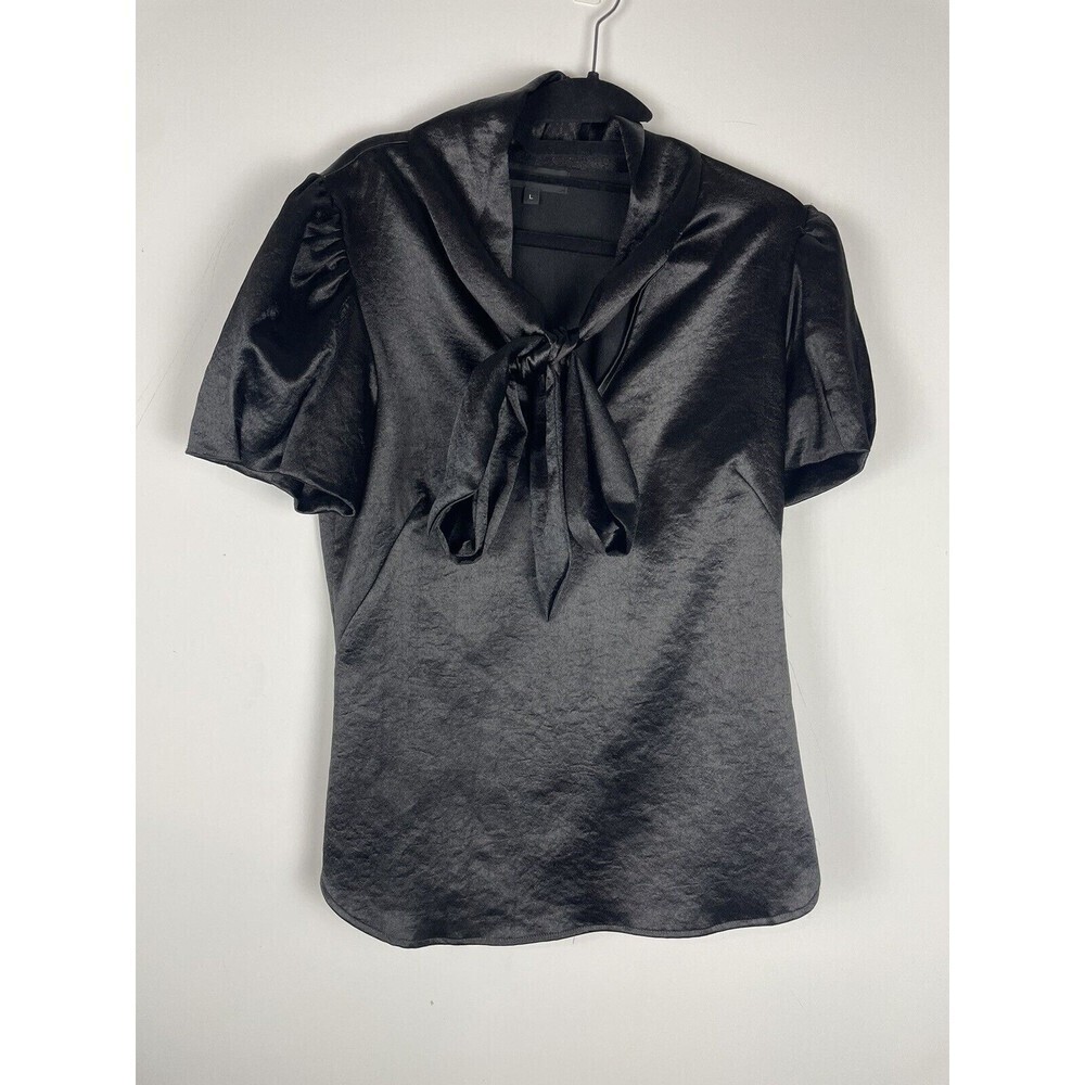 Karen Kane Black Satin Short Sleeve Blouse With Bow Large​​​​